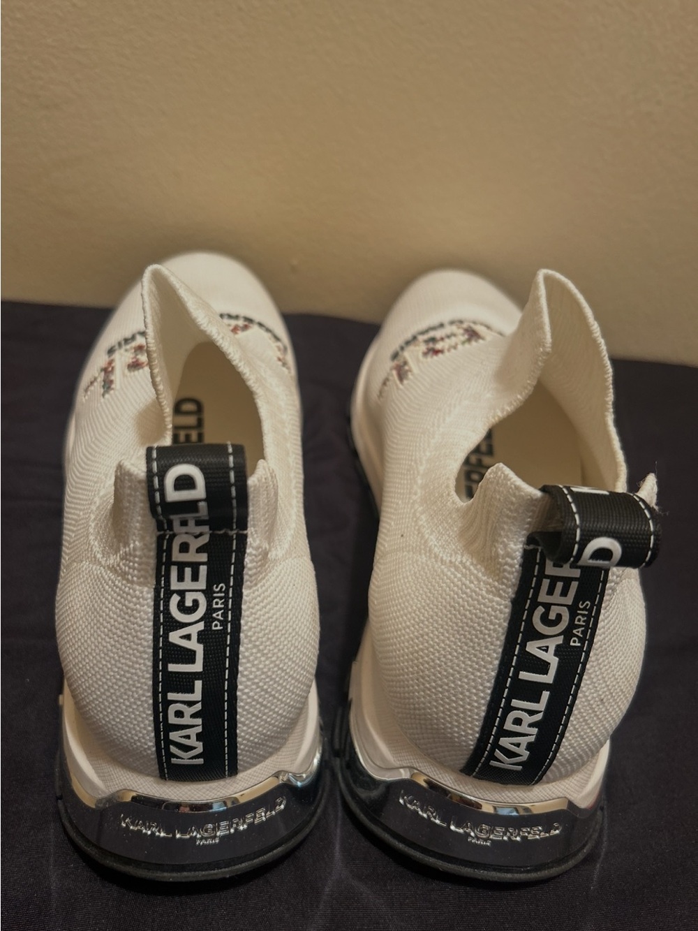 Karl Lagerfeld White Slip-On Knit Sneakers with Multicolor Crystal KARL Logo - Picture 3 of 4